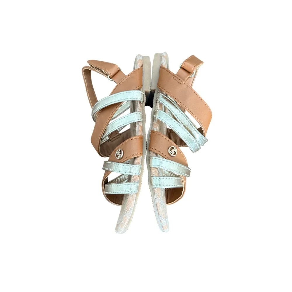 Michael Kors Girls Tan Silver Strappy Logo Sandals MK‎ Monogram Size 13 Kids